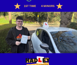 Harrison - 11/03/2026 Image of recent passer with icons displaying passed first time with 4 minors