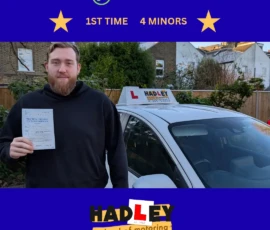 Liam - 26/11/2025 image of recent passer with icons displaying first time pass with 4 minors
