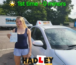 Laila (1st time passer) 14/08/2024 Recent passer with icons highlighting they passed first time with 0 minors