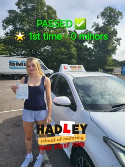 Laila (1st time passer) 14/08/2024 Recent passer with icons highlighting they passed first time with 0 minors