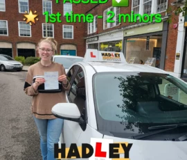 Sarah (1st time pass ) 09/09/2024 Recent passer with icons highlighting they passed first time with 2 minors
