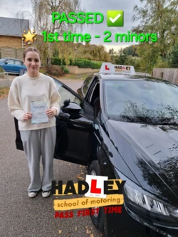Katie (1st Time Pass) 31/10/2024 Recent passer with icons highlighting they passed first time with 2 minors