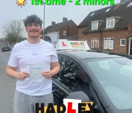 Adam (1st Time Passer) 27/03/2025 Recent passer with icons highlighting they passed first time with 2 minors