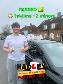 Adam (1st Time Passer) 27/03/2025 Recent passer with icons highlighting they passed first time with 2 minors