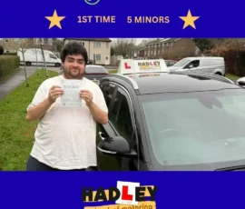 Aaron - 13/01/2026 Image of recent passer with icons displaying pass first time with 5 minors