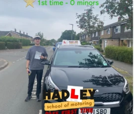Sam (1st Time Pass) Recent passer with icons highlighting they passed first time with 0 minors