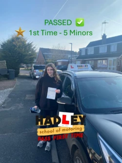 Zara (1st Time Pass) 18/02/2025 Recent passer with icons highlighting they passed first time with 5 minors