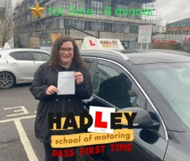 Jess (1st Time Pass) 21/02/2025 Recent passer with icons highlighting they passed first time with 6 minors