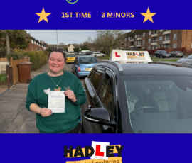 Emma - 17/02/2026 Image of recent passer with icons displaying first time pass with 3 minors