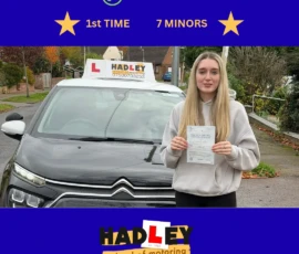 Izzy - 06/11/2025 Image of recent passer with icons displaying passed first time 7 minors