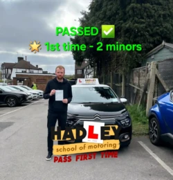 Alex (1st Time Pass) 10/04/2025 Recent passer with icons highlighting they passed first time with 2 minors