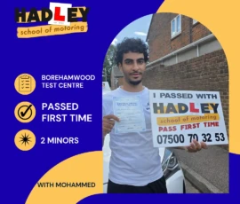 Abdullah - 30/06/2026 Image of recent passer with icons displaying first time pass with 2 minors at Borehamwood with Mohammed