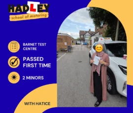 Abida - 14/10/2026 Image of recent passer with icons displaying passed first time with 2 minors at Barnet with Hatice
