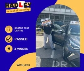 Alessia - 27/07/2026 Image of recent passer with icons displaying passed with 4 minors at Barnet with Jess