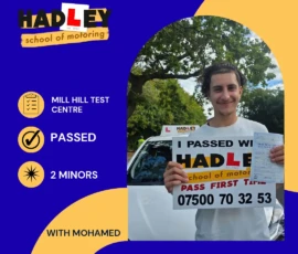 Ali - 07/09/2026 Image of recent passer with icons displaying passed with 2 minors at Mill Hill with Mohamed