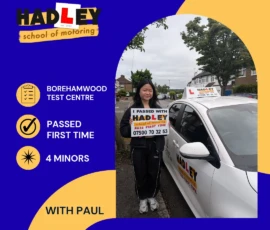 Alysia - 19/05/2026 Image of recent passer with icons displaying first time pass with 4 minors with Paul at Borehamwood
