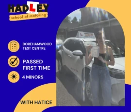 Amy - 10/07/2026 Image of recent passer with icons displaying first time pass with 4 minors at Borehamwood with Hatice