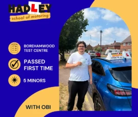 Andy - 14/07/2026 Image of recent passer with icons displaying first time pass with 5 minors at Borehamwood with Obi