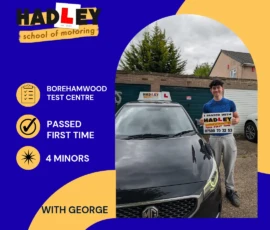 Archie - 19/05/2026 Image of a recent passer with icons displaying firs time pass with 4 minors with George at Borehamwood