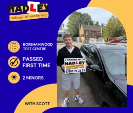 Ben - 10/09/2026 Image of recent passer with icons displaying first time pass with 2 minors at Borehamwood with Scott