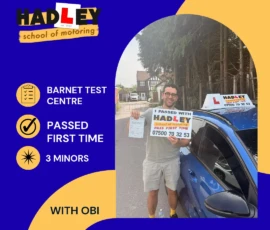 Ben - 15/06/2026 Image of a recent passer with icons displaying first time pass with 3 minors with Obi at Barnet