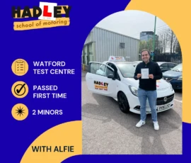 Carlos - 10/04/2026 Image of recent passer with icons displaying passed first time with 2 minors with Alfie
