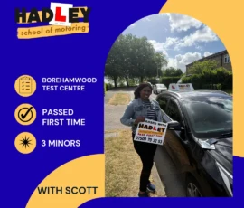 Caroline - 13/05/2026 Image of recent passer with icons displaying passed first time with 3 minors with Scott in Borehamwood