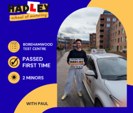 Charles - 20/09/2026 Image of recent passer with icons displaying first time pass with 2 minors at Borehamwood with Paul
