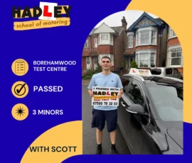Charlie - 19/05/2026 Image of recent passer with icons displaying passed with 3 minors with Scott at Borehamwood