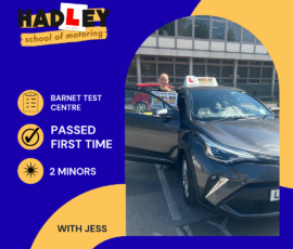 Chloe - 07/08/2026 image of recent passer with icons displaying first time pass with 2 minors at Barnet with Jess