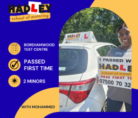Temi - 24/06/2026 image of recent passer with icons displaying first time pass with 2 minors at Borehamwood with Mohammed