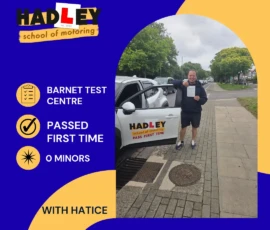 Craig - 16/06/2026 Image of recent passer with icons displaying first time pass with 0 minors with Hatice at Barnet