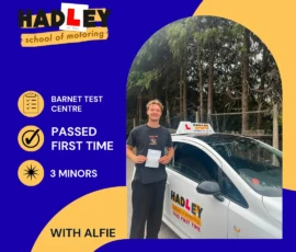Cyprian - 18/08/2026 Image of recent passer with icons displaying first time pass with 3 minors at Barnet with Alfie