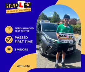 Daksh - 31/07/2026 Image of recent passer with icons displaying passed first time with 3 minors at Borehamwood with Jess