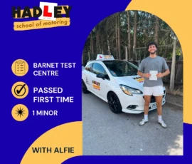 Daniel - 14/07/2026 Image of recent passer with icons displaying first time pass with 1 minor at Barnet with Alfie