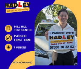 Daniel - 29/06/2026 Image of recent passer with icons displaying first time pass with 7 minors at Mill Hill with Mohammed