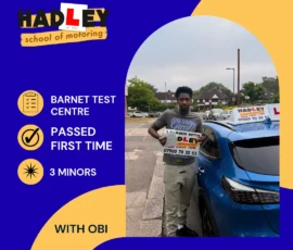 Darlene - 21/07/2026 Image of recent passer with icons displaying first time pass with 3 minors at Barnet with Obi
