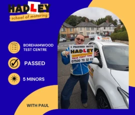Dea - 05/10/2026 Image of recent passer with icons displaying passed with 5 minors at Borehamwood with Paul