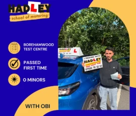 Denis - 09/06/2026 Image of a recent passer with icons displaying first time pass with 0 minors at Borehamwood with Obi