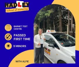 Dovile - 13/10/2026 Image of recent passer with icons displaying first time pass with 5 minors at Barnet with Alfie