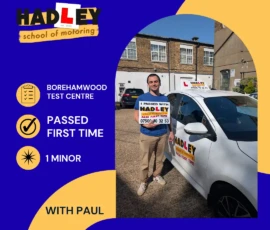 Edmond - 24/06/2026 Image of a recent passer with icons displaying first time pass with 1 minor at Borehamwood with Paul
