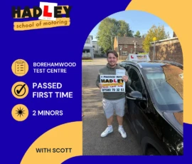 Ehren - 18/09/2026 Image of recent passer with icons displaying first time pass with 2 minors at Borehamwood with Scott