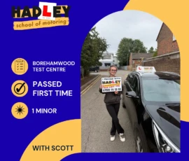 Ella - 02/09/2026 Image of recent passer with icons displaying first time pass with 1 minor at Borehamwood with Scott