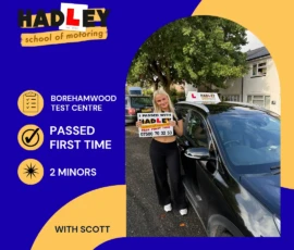 Ella - 29/09/2026 Image of recent passer with icons displaying first time pass with 2 minors at Borehamwood with Scott