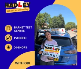 Emilin - 07/07/2026 Image of recent passer with icons displaying passed with 0 minors at Barnet test centre with Obi