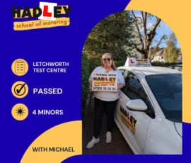 Emma - 14/10/2026 Image of recent passer with icons displaying passed with 4 minors at Letchworth with Michael