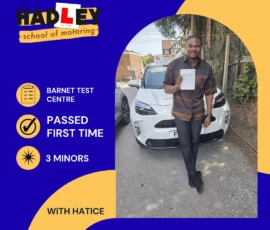 Emmanuel - 03/08/2026 Image of recent passer with icons displaying first time pass with 3 minors at Barnet with Hatice