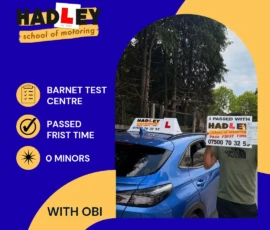 Faizal - 08/05/2026 Image of recent passer with icons displaying first time pass at Barnet with 0 minors with Obi