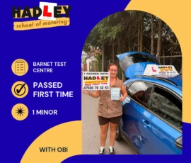 Fiona - 05/08/2026 Image of recent passer with icons displaying first time pass with 1 minor at Barnet with Obi
