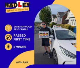 George - 10/09/2026 Image of recent passer with icons displaying first time pass with 2 minors at Borehamwood with Paul